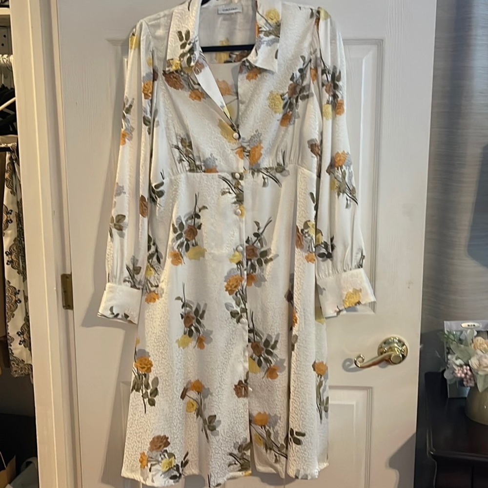 CALVIN KLEIN SILK KNEE LENGTH BUTTON UP DRESS